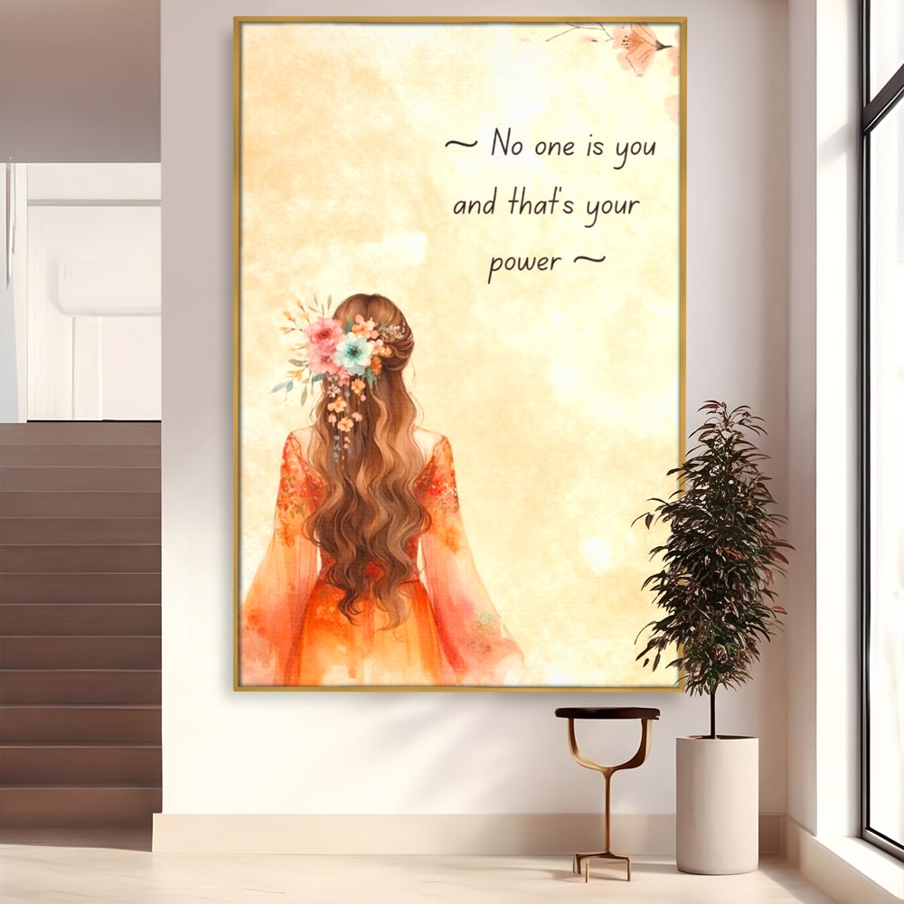 Tablou canvas cu tablou canvas cu femeie si flori, in rama de aluminiu auriu